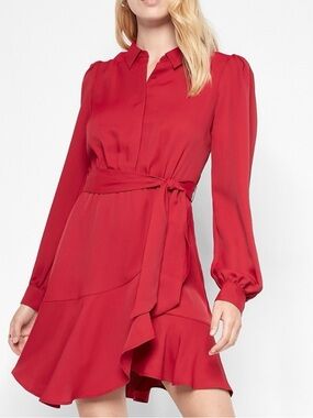 Express Red Long-Sleeve Wrap Shirt Dress with Ruffle Hem Small Career